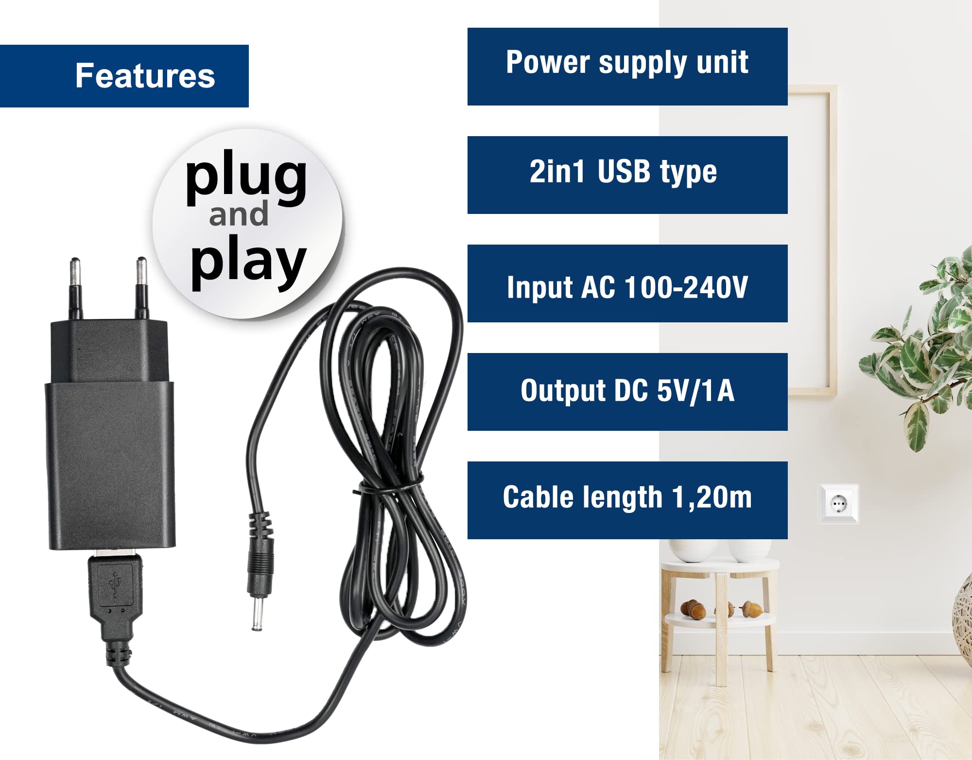 edision-netzteil-2in1-usb-type-5v-1-0a-2pin-eu-universal-schwarz image 2